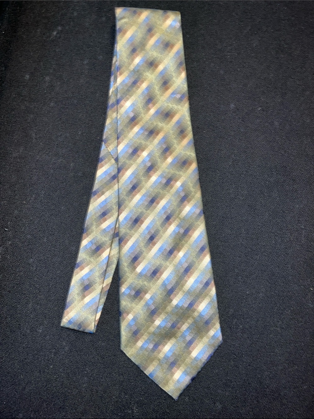 Van Heusen Olive, Blue and Tan Diagonal Plaid Silk Tie